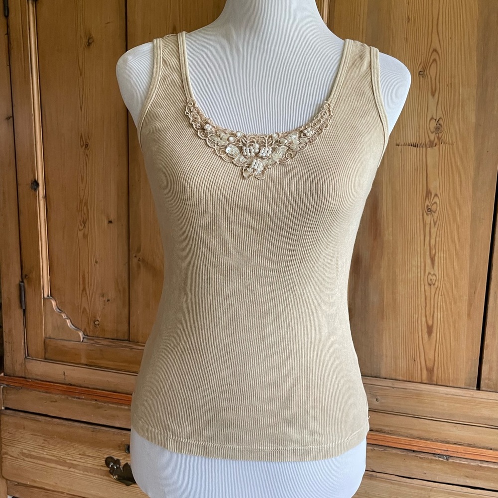 Beige Tank Top, Beaded Neckline